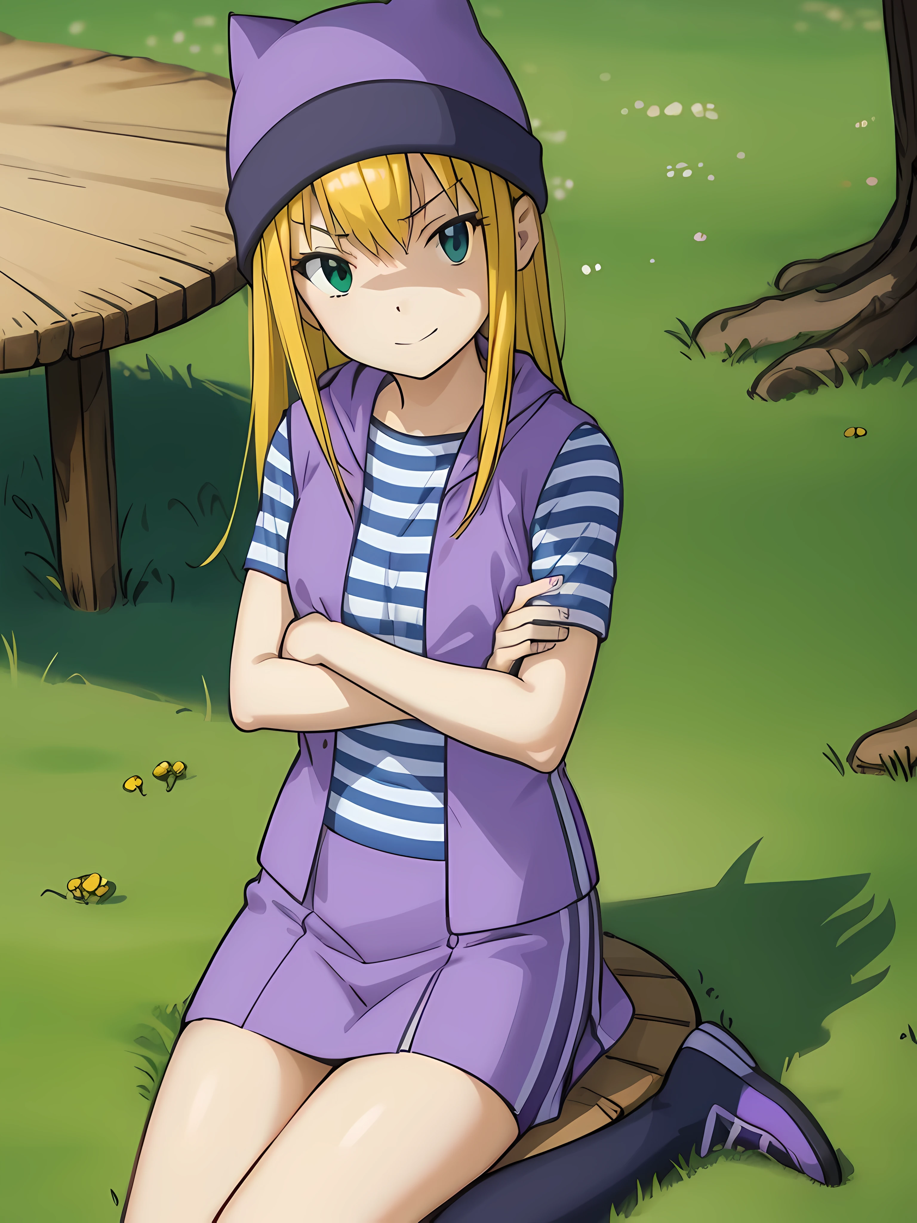 kotoriitsuka, izumi orimoto, long hair, (green eyes:1.5), blond hair, ahoge, (medium size breast:1.2),
BREAK (purple vest), ( blue white striped shirt), vest (purple vest), monocromatic clothes, purple beanie, purple vest, purple miniskirt, blue white striped shirt, long purple socks, sneakers, purple vest, striped shirt, beanie, cat hat
BREAK looking at viewer, (sitting:1.5), throne, from below, smile, angry, chair, crossed arms,
BREAK indoors,
BREAK (masterpiece:1.2), best quality, high resolution, unity 8k wallpaper, (illustration:0.8), (beautiful detailed eyes:1.6), extremely detailed face, perfect lighting, extremely detailed CG, (perfect hands, perfect anatomy),