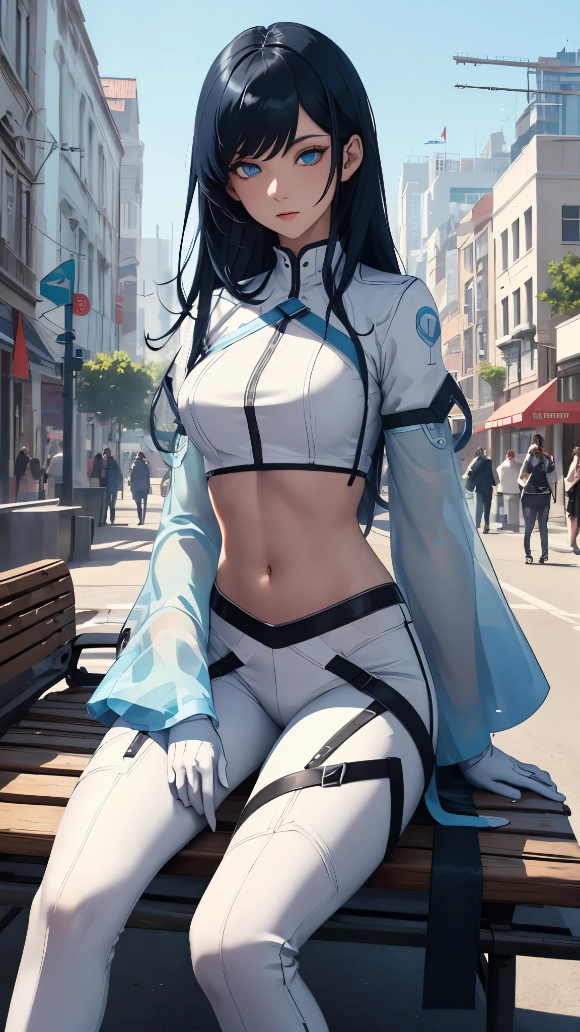 (Highly quality, masterpiece, detailed), city detailed scenario, city detailed background, solo, 1 woman, AeroMarvel, 1girl, solo, long hair, blue eyes, black hair, blue hair, white and light blue Leather cropped top, sleeves, white and light blue leather pants, White Gloves, sitting on a bench, beautiful eyes, Sexy pose