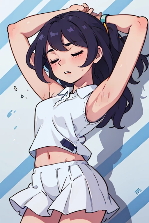 Slim young age girl wearing white sleeveless polo shirt and short white skirt showing her super sweaty armpits closed eyes