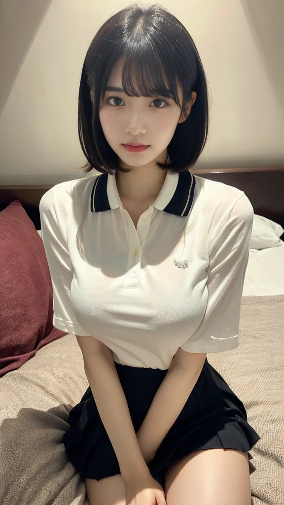 muste piece, best quality, illustration, Super detailed, fine details, High resolution, 8K,wall paper, perfect dynamic composition,(Details High quality, realistic depiction of eyes:1.3), short hair, (wavy hair:1.2),  (Polo shirt with collar), pleated skirt, Layered Cut, black hair color, Big Natural Color Lip, hotel room, crying a little、cold gaze, Harajuku style、20 year old girl、cute type、lolita, Gravure Idol, full body photo、focus on crotch, huge breasts