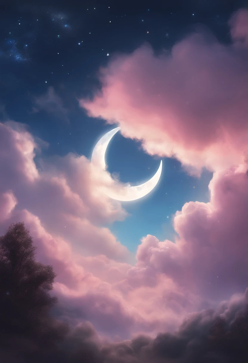 a painting of a crescent and stars in the sky, dreamy night, detailed dreamscape, fluffy pink anime clouds, space clouds, anime clouds, anime background, beautiful iphone wallpaper, dreamy clouds, background art, aesthetic clouds in the sky, fantasy puffy sky, anime background art, wallpaper aesthetic, cosmic sky, sitting on the cosmic cloudscape, cloudy night, night clouds