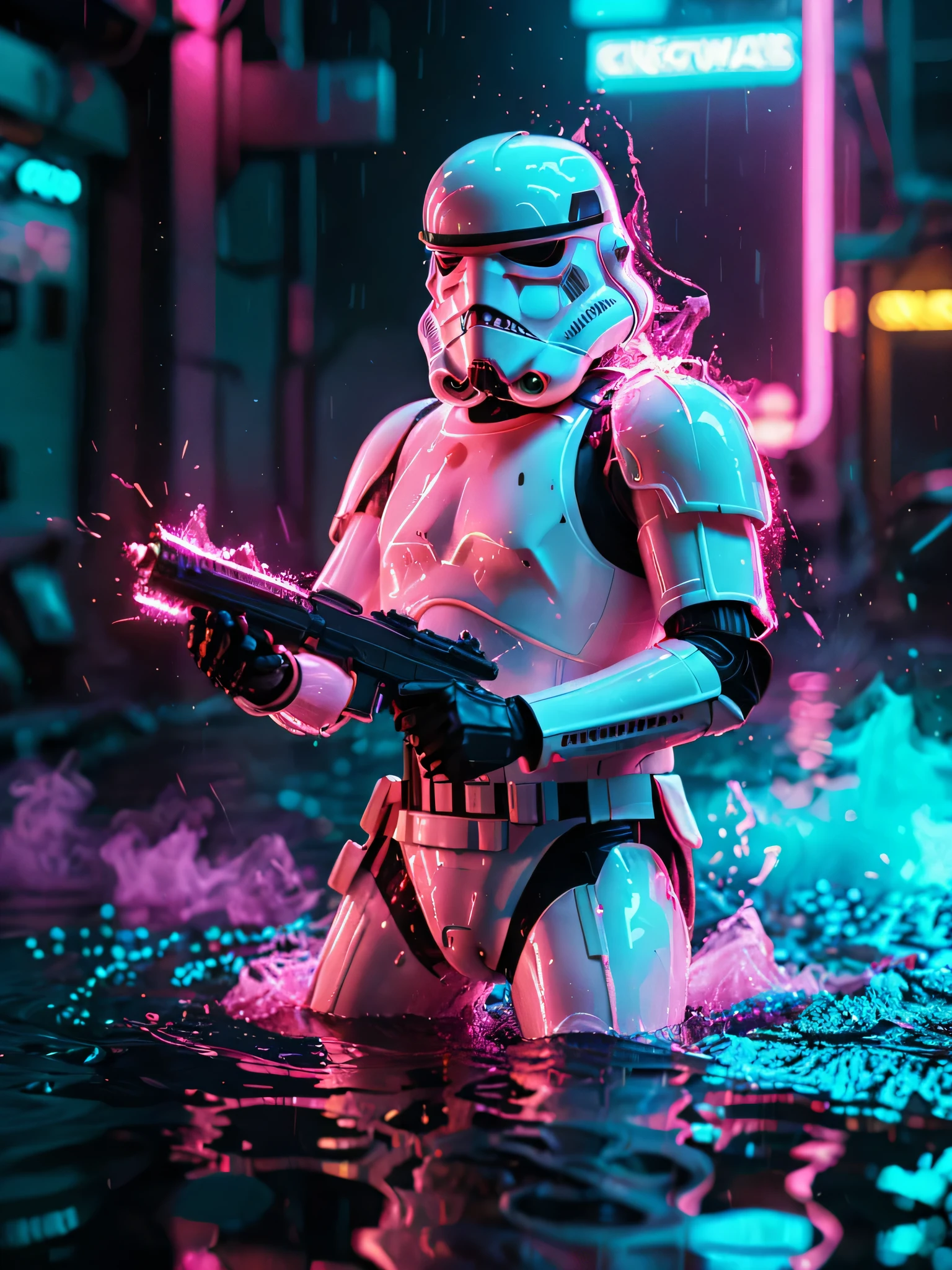 glowneon, Stormtrooper, emitting liquid light vibrant blue and pink, brightly coloured glowing water, cinematic film still, neon vaporwave background, water everywhere,