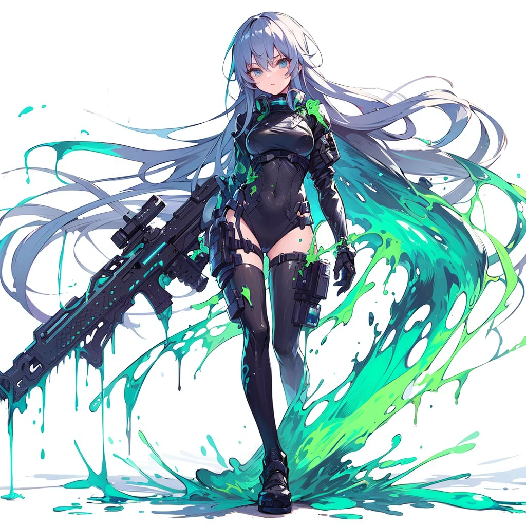 (masterpiece, highest quality), (perfect athletic body:1.2), (fine hair), Super detailed, anime style, full body, Cool illustration isolated on white background, whole body, Cyber Ninja Girl, Wear oversized clothing, Turn into liquid slime. Standing in the wasteland.