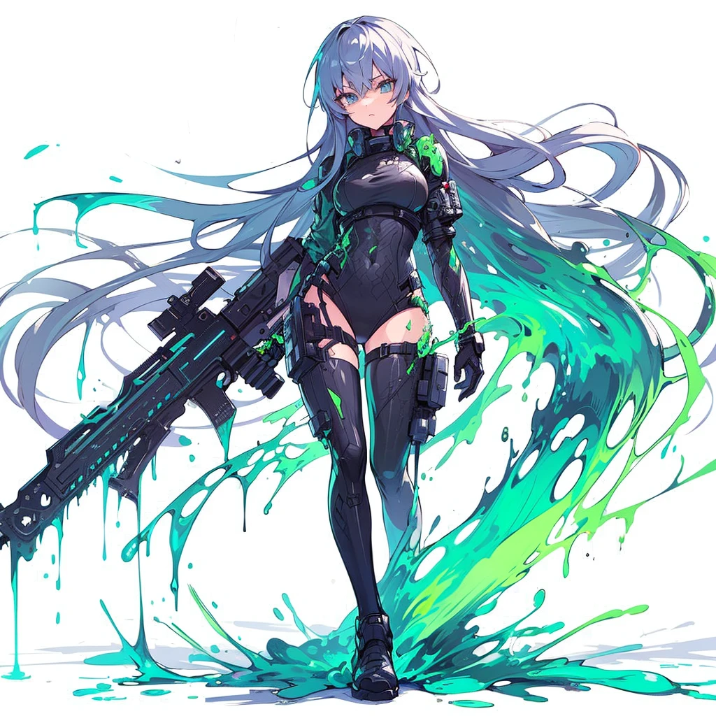 (masterpiece, highest quality), (perfect athletic body:1.2), (fine hair), Super detailed, anime style, full body, Cool illustration isolated on white background, whole body, Cyber Ninja Girl, Wear oversized clothing, Turn into liquid slime. Standing in the wasteland.