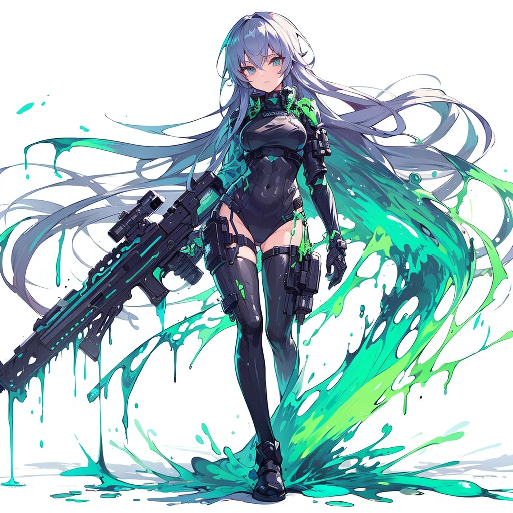 (masterpiece, highest quality), (perfect athletic body:1.2), (fine hair), Super detailed, anime style, full body, Cool illustration isolated on white background, whole body, Cyber Ninja Girl, Wear oversized clothing, Turn into liquid slime. Standing in the wasteland.