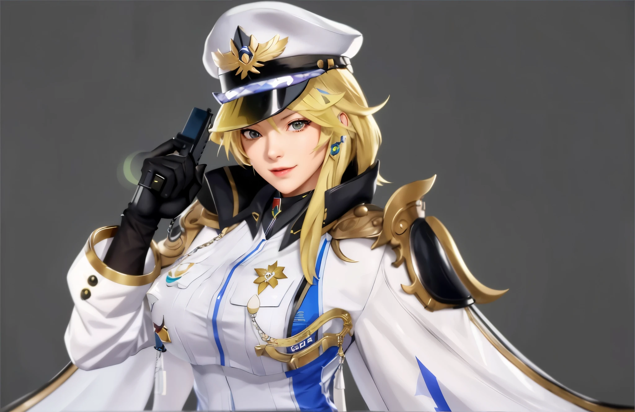 a woman in a uniform holding a gun and wearing a hat, genshin impact character, ayaka genshin impact, ashe, gyro zeppeli, lady palutena, from the azur lane videogame, azur lane style, blanche, ayaka game genshin impact, kda, sigma female, genshin impact style, characters from azur lane