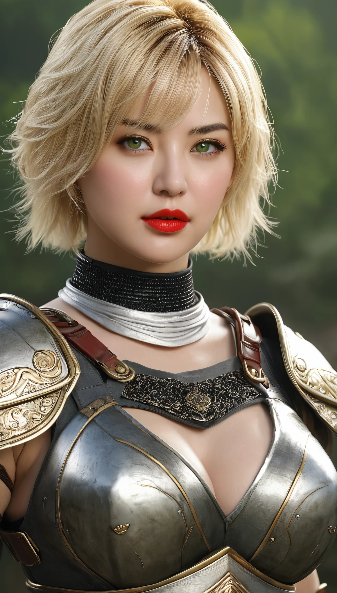 (((hyper real)))、(Amazon Female Warrior)、
Beautiful woman　High level image quality　High resolution　realistic　short hair　blonde mature、middle-aged women、((big big tits))　Fine skin texture、超High resolution、realistic、plump body shape、((中年のBeautiful woman))、beautiful expression 、fine green eyes、blonde hair、３５Amazon Female Warrior、big cleavage、big ass、bright red lips、(simple clothes)and(Wearing simple armor)、(i have a weapon)、