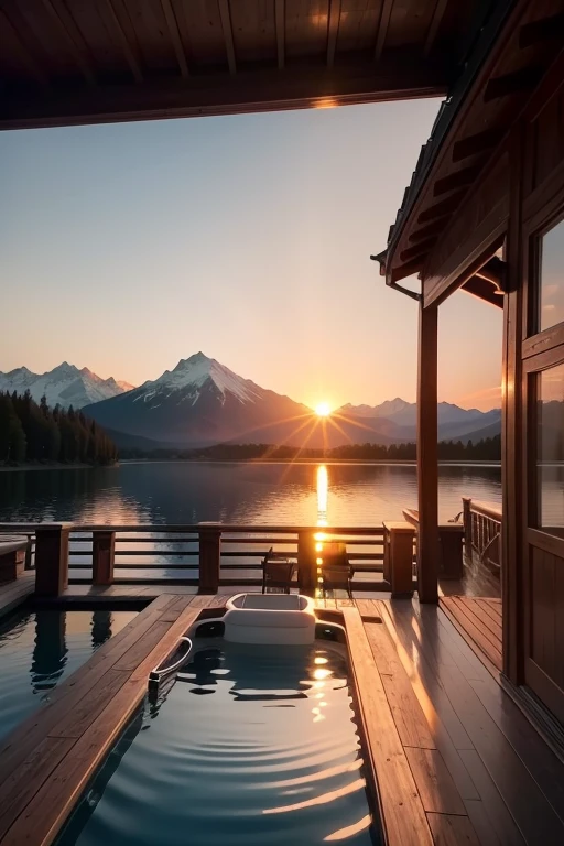 the setting sun，high high quality，mont，Sunset The image shows a beautiful house on a lake. The house is made of wood and has a large deck with a hot tub. There are trees and mountains in the background. The water is clear and you can see the reflection of the house in the water.