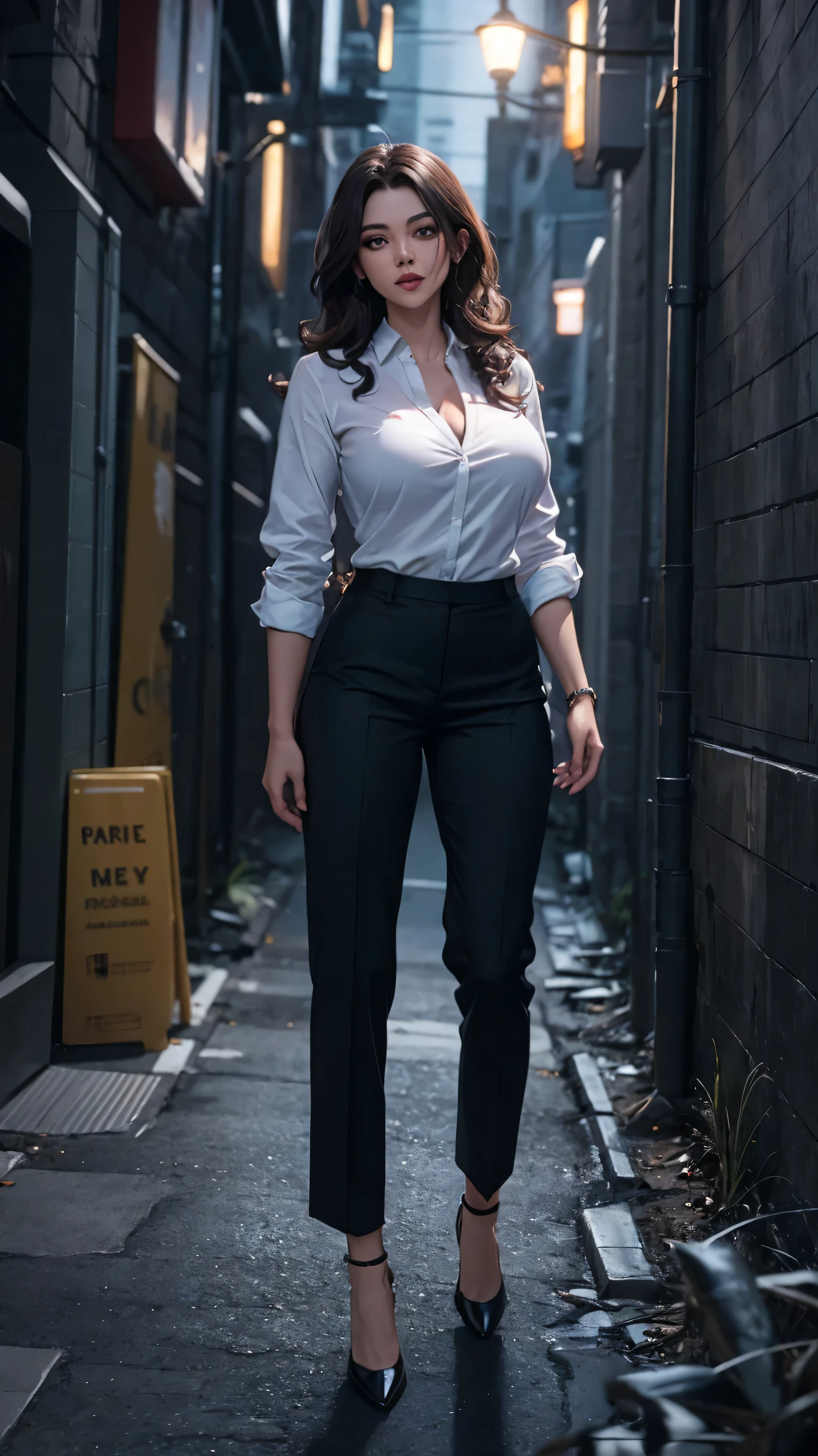 woman, big breasts, Bare arms, long curly brown hair, Dark suit pants, Black suit jacket with white shirt, city background, night, in a dark alley, actual, 8K, Unreal Engine, Very detailed, octane rendering,