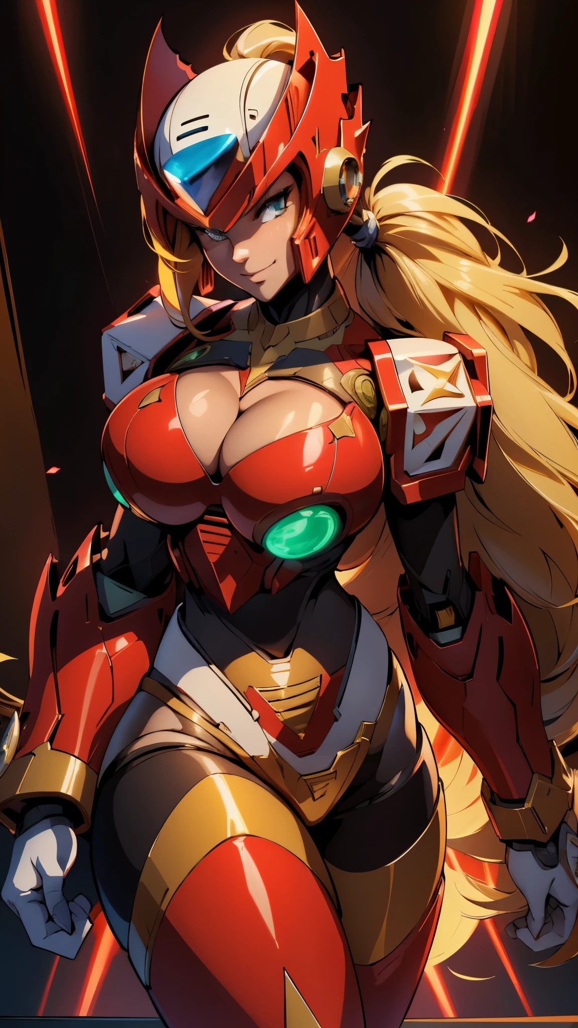 A beautiful woman, (( mecha)), sexy body figure, long legs, large breasts, beautiful face, milf, age 28, royal, long blonde color hair, ponytail, (helmet) , no facial expression, cleavage, Sexy body, silky hair, green lazer sword, fine details, cinematic lighting, beautiful lighting effect, creative design, full frame, divine aura, shining light, perfect color transition, perfect balance of contrast, perfect color layer, perfectly smooth color blur, soft rendering, smooth color stroke, sun glare, optic lens, light ray, soft colors, smooth colors blend, perfect color rendering, harmony, perfect color harmony, light particles, perfect details, intricate details, color prism, fine details, fine armor, futuristic armor, sci fi, intricate armor details, red details, confidence smile, weapon, red and black color armor, night time, dark city, neon lights