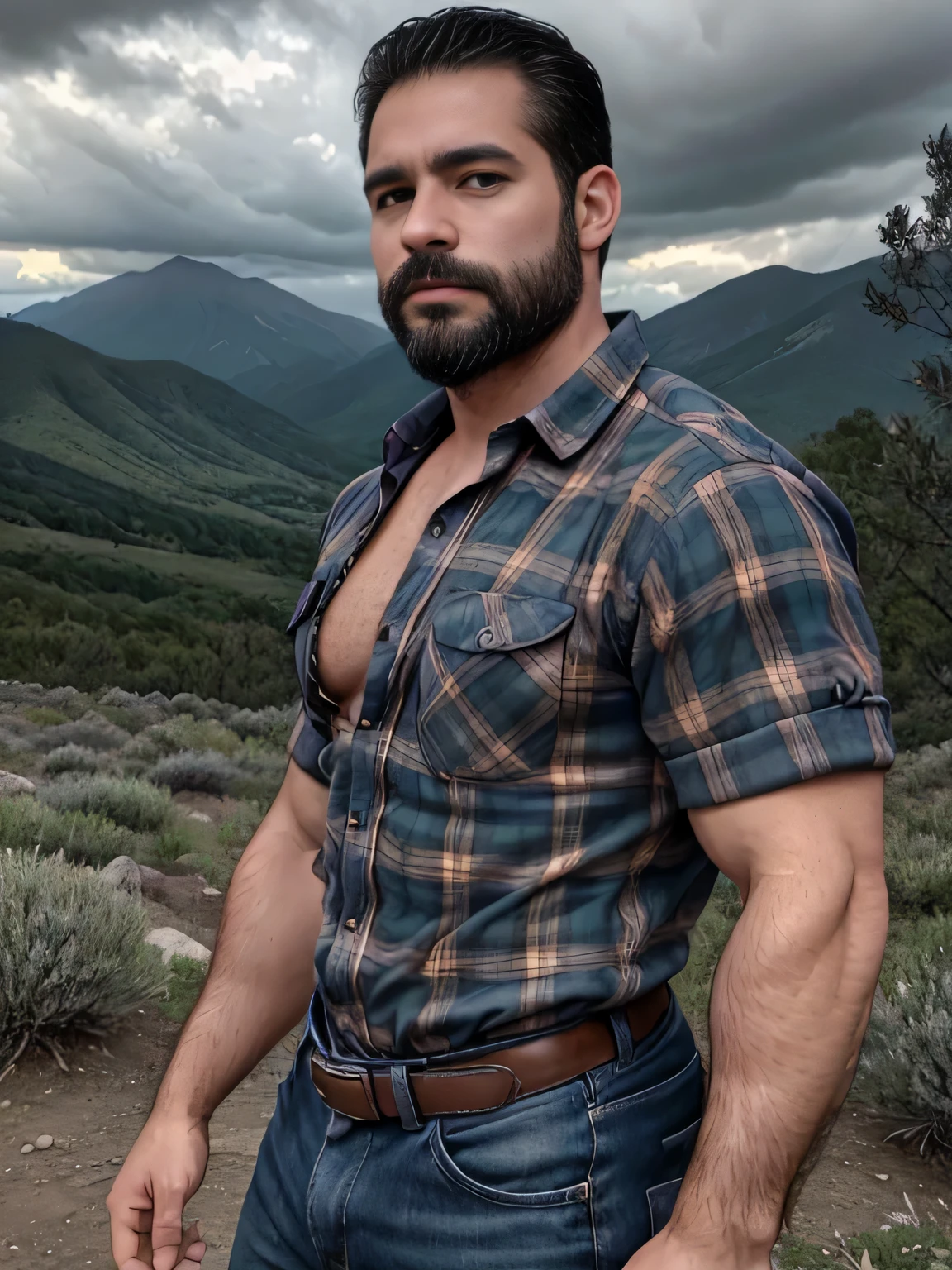 obra maestra, Mejor calidad, high resolution, Retrato de primer plano, (1 chico:1.4) A man in a lumberjack suit, muscular, (con camisa: 1.2) enfoque masculino, enfocarse solo, piel bronceada, 38-year-old man dressed as a lumberjack., muscular, fuerte, peludo, Masculino, (descamisado: 1.2), In the background a mountain, en una tormenta, amazing composition, Vista frontal, HDR, volumetric lighting, (plano general, desde el frente:1.2) (GS-Macho :1.5) (magnificent landscape:1.2)