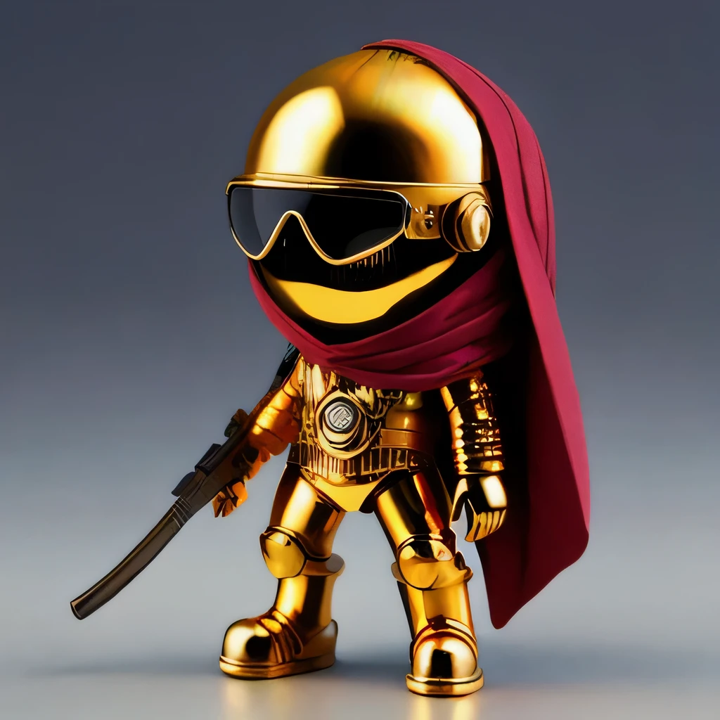 Brilliant Gold Diamond Maya Star,Copper weapons, Burlap Cape Mummy Hood Platinum Silk Cyberpunk Light Crossbow Space Station 1:90 miniatures, illustration, side view, (side view), Wear gold-rimmed reflective sunglasses, Carrying future weapons, very happy, side view, whole body, 3d, (Clay paint) octane rendering, perfect appearance, collagen(((Isometric art)))