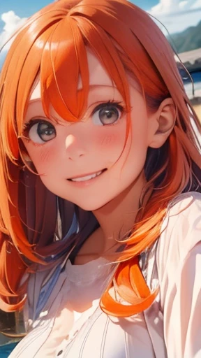 highest quality、realistic、Japanese、girl、zoom、look up、cute、gray eyes、long hair、orange hair、all back、Forehead is coming out、Ocean、white blouse、joy、Grinning、face close up