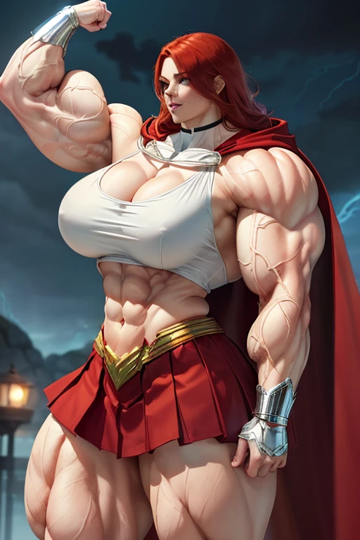 ((((Massive, tall, beautiful, buff, pale white skinned muscular woman with red hair, ginormous bulky muscles and wearing a red Shazamsuit with pleated skirt and a hooded cape)))), close view, ((massive muscle)), massive biceps, hyper muscle shoulders, massive muscle arms, vascular shoulders, hyper muscle triceps, (long hair), yellow eyes, superhero gauntlets, choker, ((in a thunderstorm island)), superhero boots, confidant smile, night, hyper vascular arms, hyper muscles arms, hyper muscle legassive arms), 