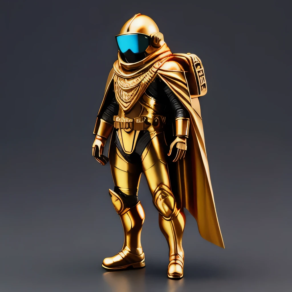 Brilliant Gold Diamond Maya Star，Copper weapons, Burlap Cape Mummy Hood Platinum Silk Cyberpunk Light Crossbow Space Station 1:90 miniatures, illustration, side view, (side view), Wear gold-rimmed reflective sunglasses, Carrying future weapons, very happy, side view, whole body, 3d, (Clay paint) octane rendering, perfect appearance, collagen（（（Isometric art）））