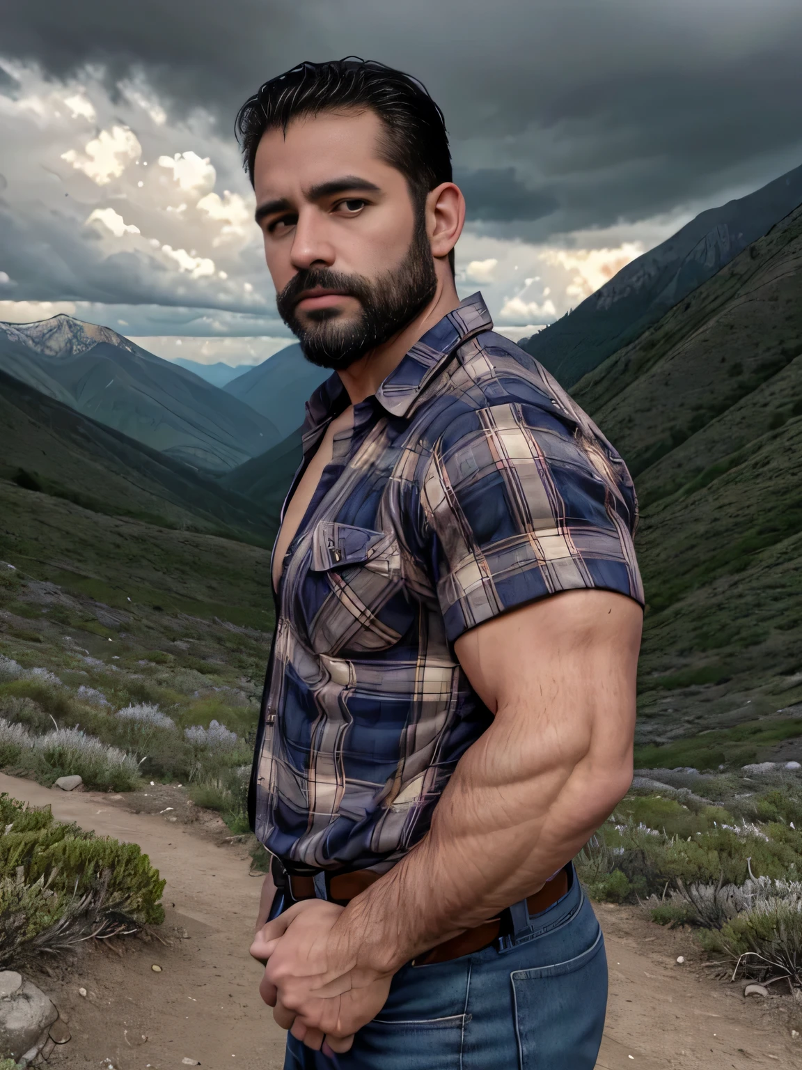 obra maestra, Mejor calidad, high resolution, Retrato de primer plano, (1 chico:1.4) A man in a lumberjack suit, muscular, (con camisa: 1.2) enfoque masculino, enfocarse solo, piel bronceada, 38-year-old man dressed as a lumberjack., muscular, fuerte, peludo, Masculino, (descamisado: 1.2), In the background a mountain, en una tormenta, amazing composition, Vista frontal, HDR, volumetric lighting, (plano general, desde el frente:1.2) (GS-Macho :1.5) (magnificent landscape:1.2)