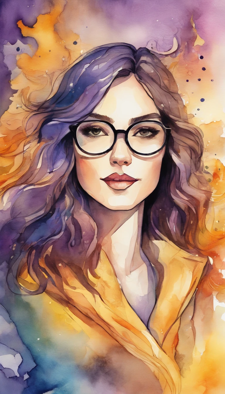 Partial front view of the scene; details in 8k; precision in details; Pablo Picasso style drawing. Wood splash; high color contrast; Abstract artistic drawing textured background of a brunette woman with long, wavy hair wearing square glasses, woman smiling with red lipstick, face more toned and rounded and with slight dimples near the mouth, wearing a black coat with a yellow t-shirt underneath looking at the right, lilac white colors in the environment, illustration, watercolor illustration, professional illustrator, best watercolor, ink and watercolor paintings, alcohol ink, vibrant colors, perspective view, centered, perspective lines,