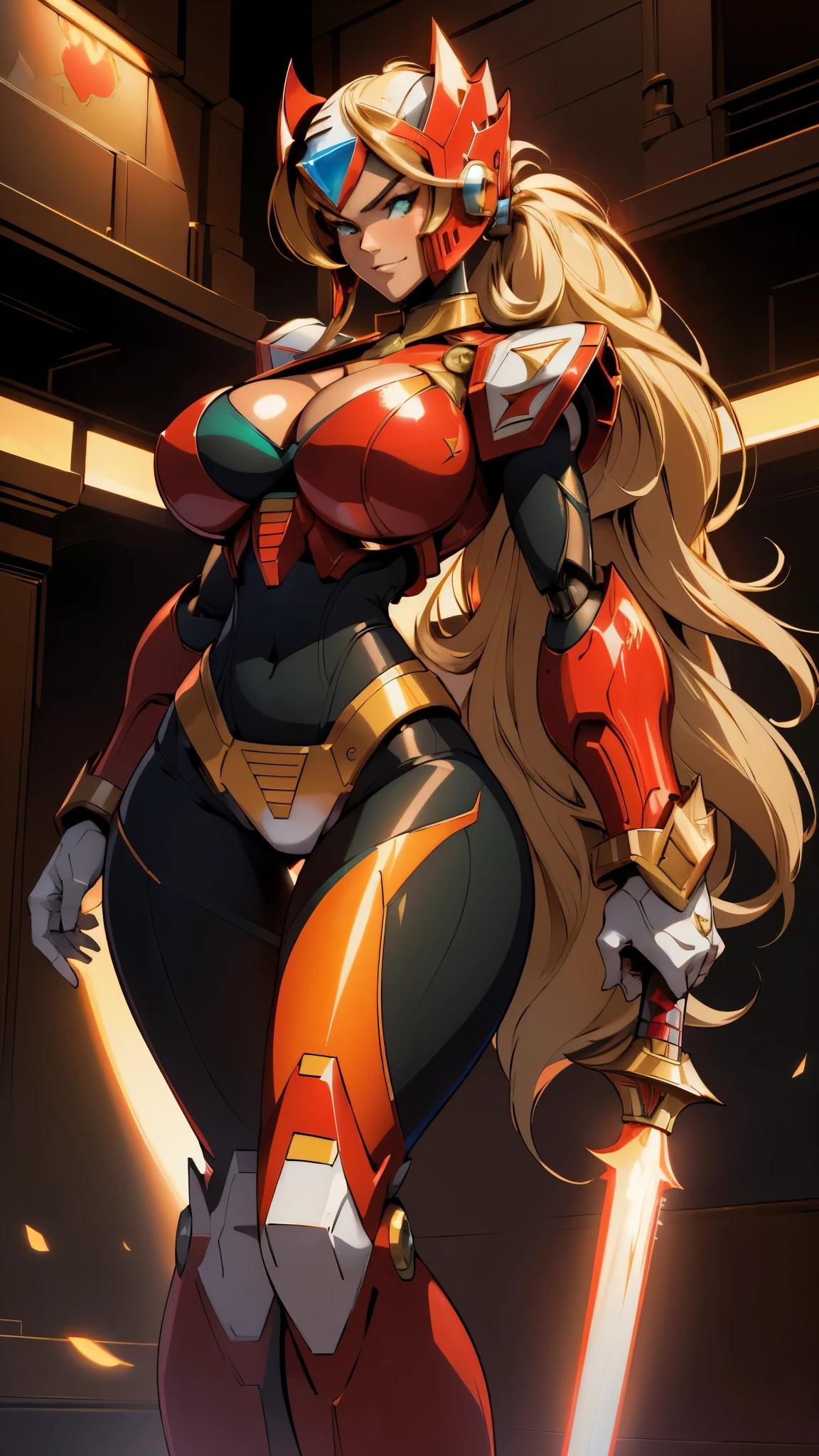 A beautiful woman, (( mecha)), sexy body figure, long legs, large breasts, beautiful face, milf, age 28, royal, long blonde color hair, ponytail, (helmet) , no facial expression, cleavage, Sexy body, silky hair, green lazer sword, fine details, cinematic lighting, beautiful lighting effect, creative design, full frame, divine aura, shining light, perfect color transition, perfect balance of contrast, perfect color layer, perfectly smooth color blur, soft rendering, smooth color stroke, sun glare, optic lens, light ray, soft colors, smooth colors blend, perfect color rendering, harmony, perfect color harmony, light particles, perfect details, intricate details, color prism, fine details, fine armor, futuristic armor, sci fi, intricate armor details, red details, confidence smile, weapon, red and black color armor, night time, dark city, neon lights