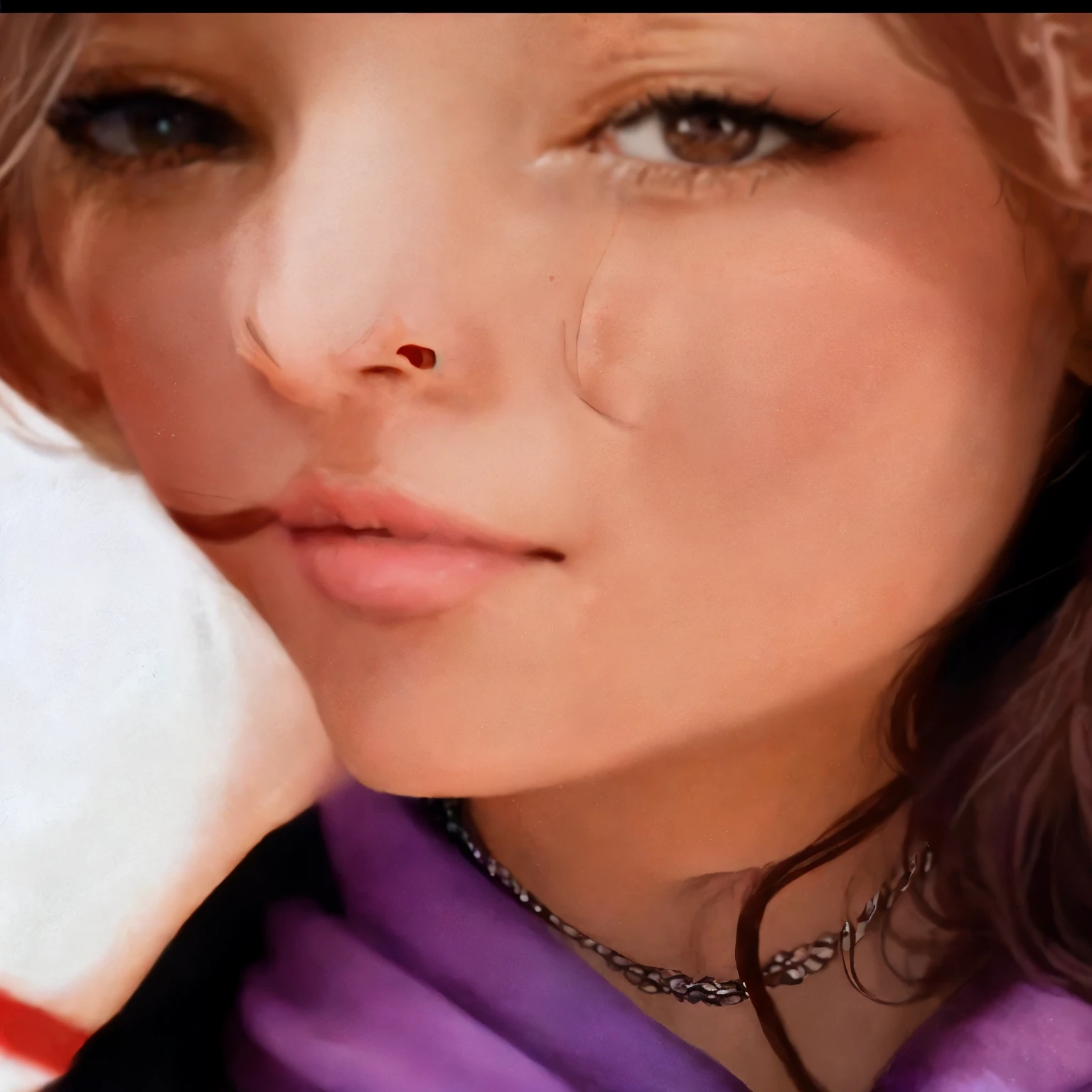 there is a woman in a purple shirt and a red and white striped scarf, anillo de la nariz, cerrar la cara, cerrar la cara, primer plano de la cara, nose piercing, primer plano de la cara, cara de cerca, cuello ampliado desde los labios hacia abajo, septum piercing, cara detallada y desenfocada, small lips pointed nose, Close - up en la cara