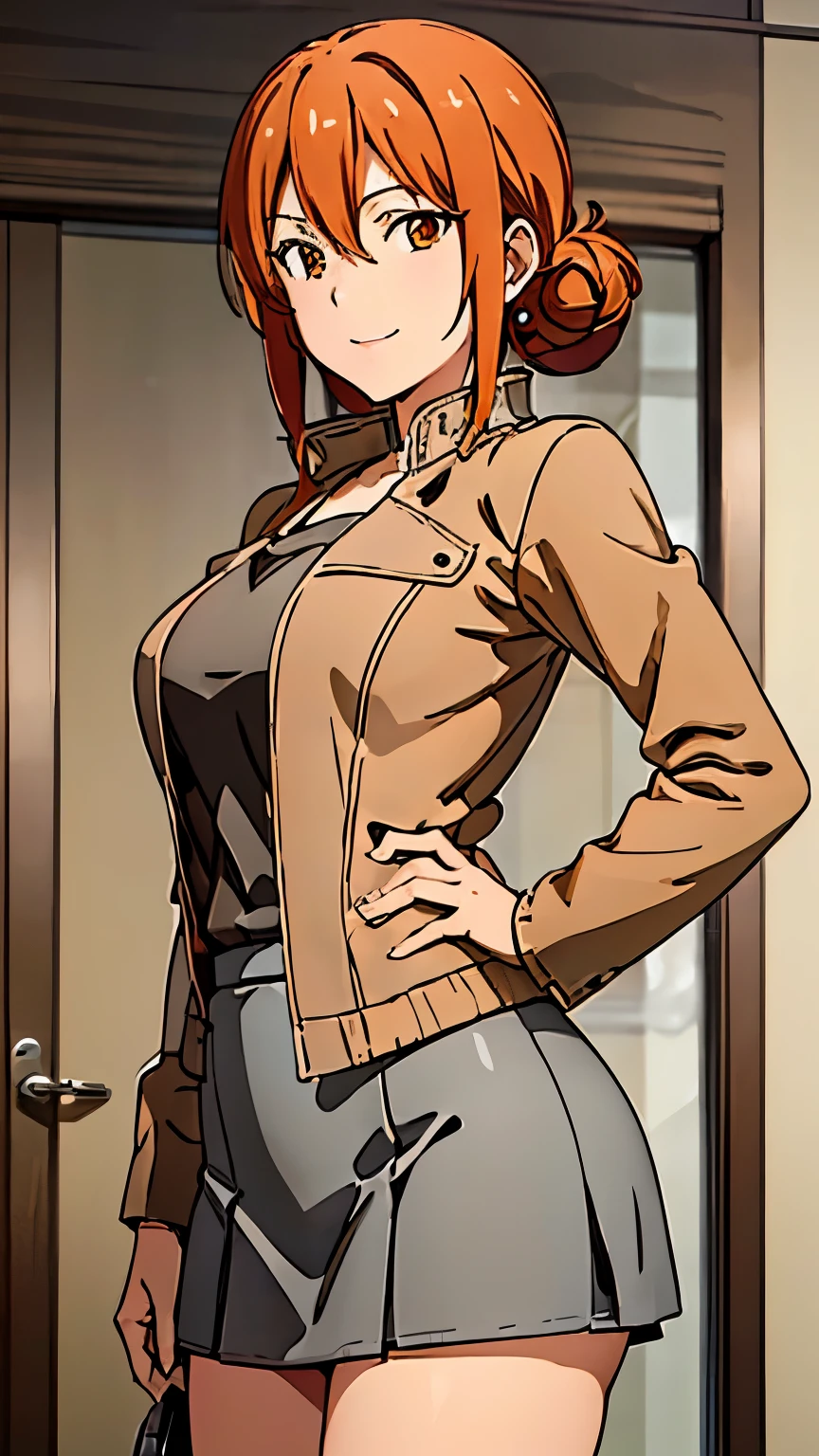 masterpiece,highest quality,Super detailed,best shadow,yuigahama, 髪 between eyes, orange hair, orange eyes, long 髪, girl１name,髪 between eyes,big breasts,１with people,
soft expression, gentle expression,smile,straight hair,let your hair down,Leather jacket,camisole,mini skirt,boots,earrings,natural lip,stylish pose, stylish angle,looking at the viewer, in the center of the image,cowboy shot,