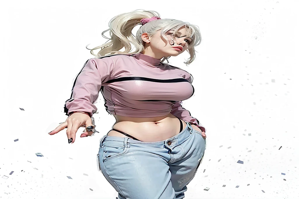 Full body shot of white haired woman dressed in a pink shirt that’s blacked striped with oversized blue jeans, pointing towards the camera