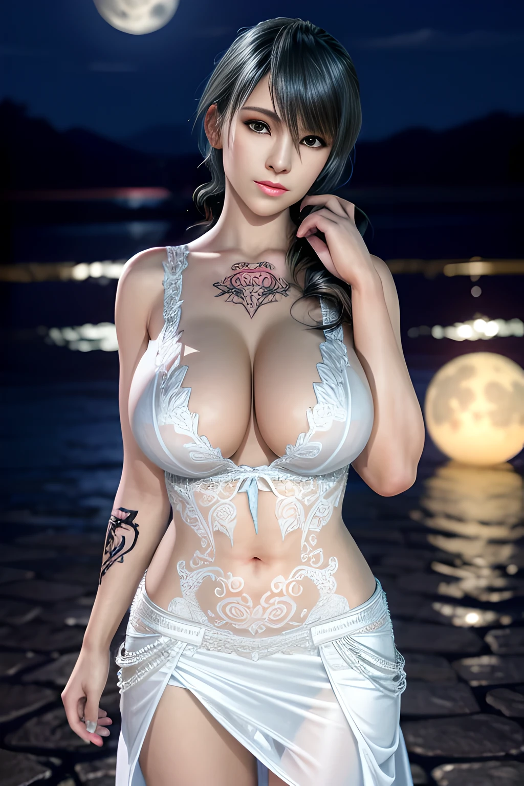 1 girl,standing posture, A-Line Wedding Dress,, nighttime,moon,( huge breasts:1.1),cleavage,shiny skin,lip gloss,( tattoos:1.2), masterpiece, best quality, realistic ,Surrealism,Rich artistic colors, 8K,3D,Portrait art,solo, tamaki