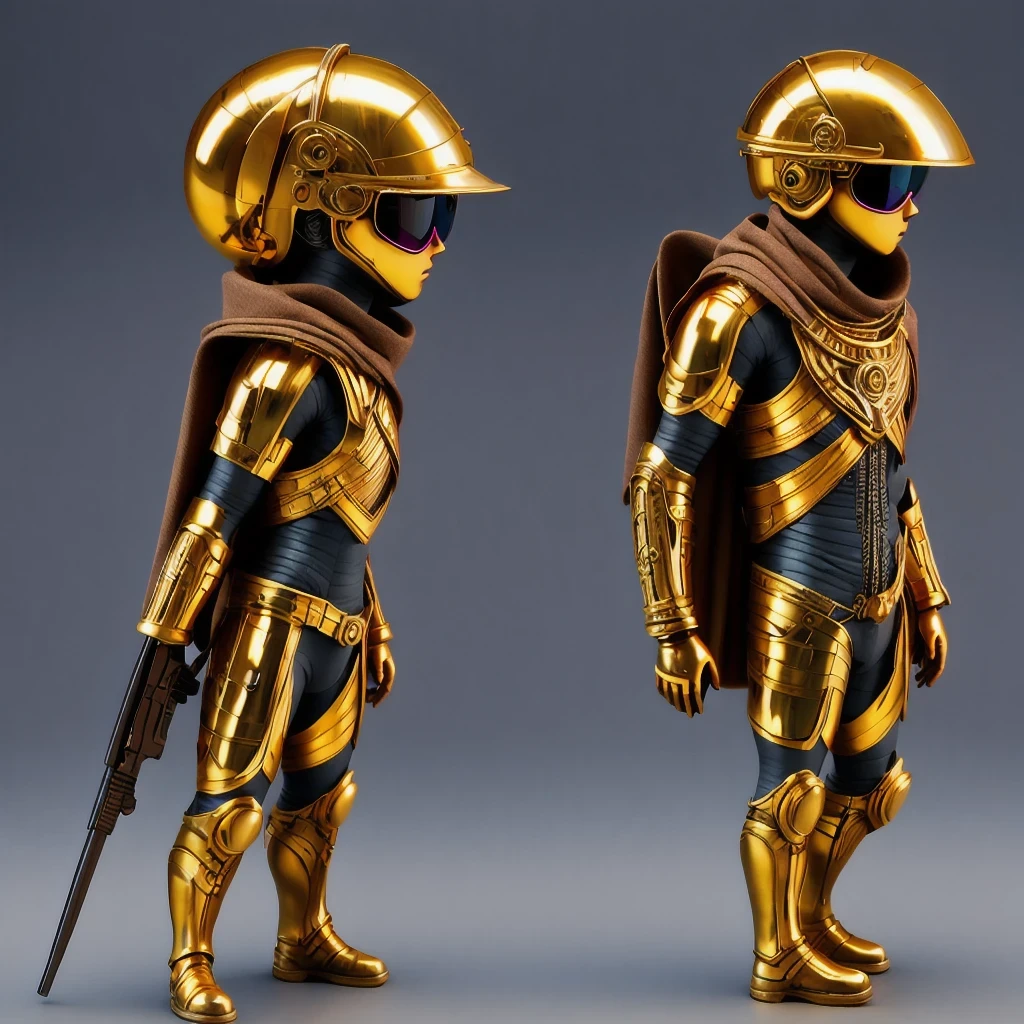 Brilliant Gold Diamond Maya Star,Copper weapons, Burlap Cape Mummy Hood Platinum Silk Cyberpunk Light Crossbow Space Station 1:90 miniatures, illustration, side view, (side view), Wear gold-rimmed reflective sunglasses, Carrying future weapons, very happy, side view, whole body, 3d, (Clay paint) octane rendering, perfect appearance, collagen(((Isometric art)))