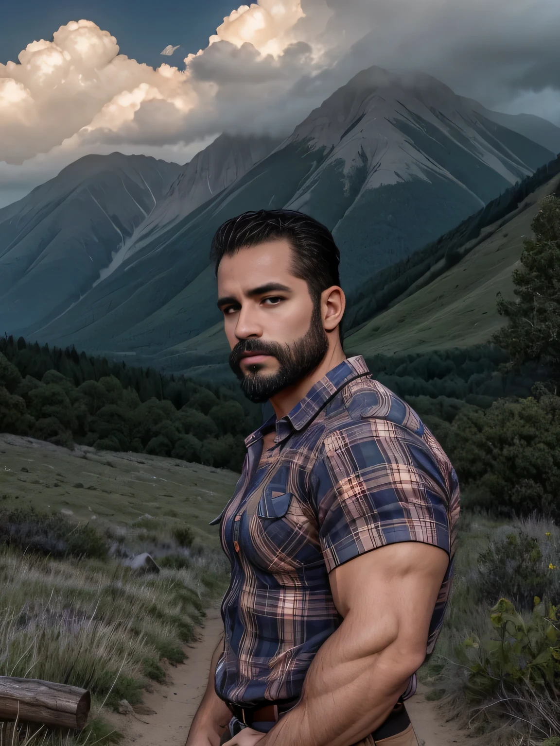 obra maestra, Mejor calidad, high resolution, Retrato de primer plano, (1 chico:1.4) A man in a lumberjack suit, muscular, (con camisa: 1.2) enfoque masculino, enfocarse solo, piel bronceada, 38-year-old man dressed as a lumberjack., muscular, fuerte, peludo, Masculino, (descamisado: 1.2), In the background a mountain, en una tormenta, amazing composition, Vista frontal, HDR, volumetric lighting, (plano general, desde el frente:1.2) (GS-Macho :1.5) (magnificent landscape:1.2)