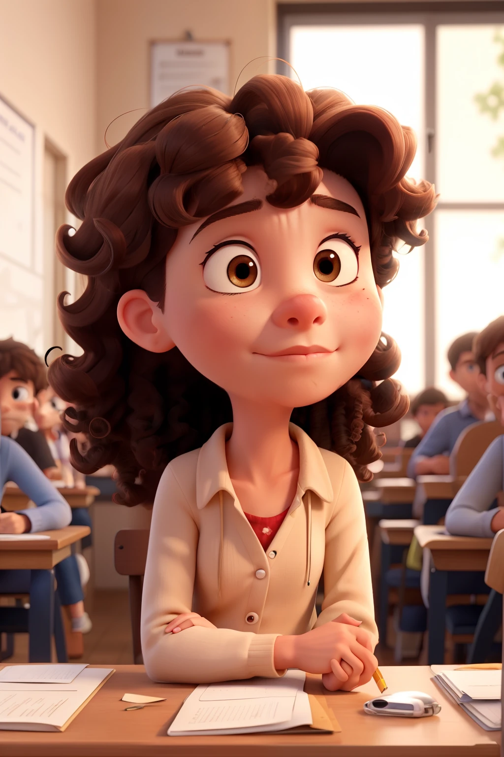 cartoon drawing of a girl with curly hair, Brown hair, looking sad at his English exam with a bad grade