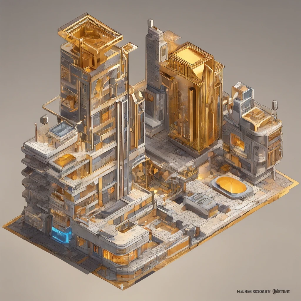 Brilliant Gold Diamond Maya Star,Copper weapons, Burlap Cape Mummy Hood Platinum Silk Cyberpunk Light Crossbow Space Station 1:90 miniatures, illustration, side view, (side view), Wear gold-rimmed reflective sunglasses, Carrying future weapons, very happy, side view, whole body, 3d, (Clay paint) octane rendering, perfect appearance, collagen(((Isometric art)))