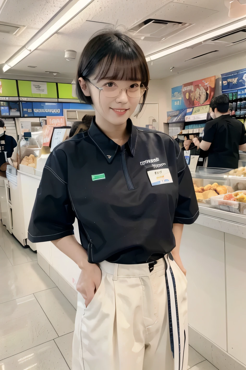 (onoff,side-by-side photo,split screen),(masterpiece:1.4), (best quality:1.4) ,8K,cinematic lighting,((best quality)), (masterpiece) , (realistic shadow) , (depth of field),(intricate details:1.4), 1girl,Japanese,(Black short girly hair with asymmetrical bangs:1.3),Happy smiling face,(Slender body:1.4),(hairy pussy),camel toe,konbini, scenery, shop,convinience store,food, indoors, employee uniform, uniform,id card, striped, shirt, pants, standing, famima, famimaU,Glasses,