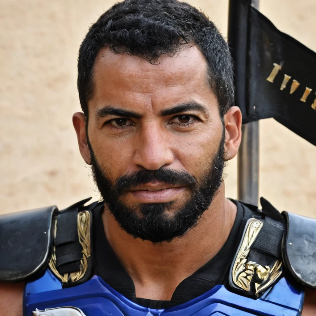 Homem negro, guerreiro,, 35 anos, feroz, olhando de frente (olhos de raiva) (detalhes), corpo inteiro, gritando, mostrando os dentes (qualidade), armadura azul e prata (super realista), armadura com desgaste de batalhes, athletic abdomen, muscles, suor, cabelo curto, bracos fortes. chaos scenario, terror, muito escuro, metais, bigorna