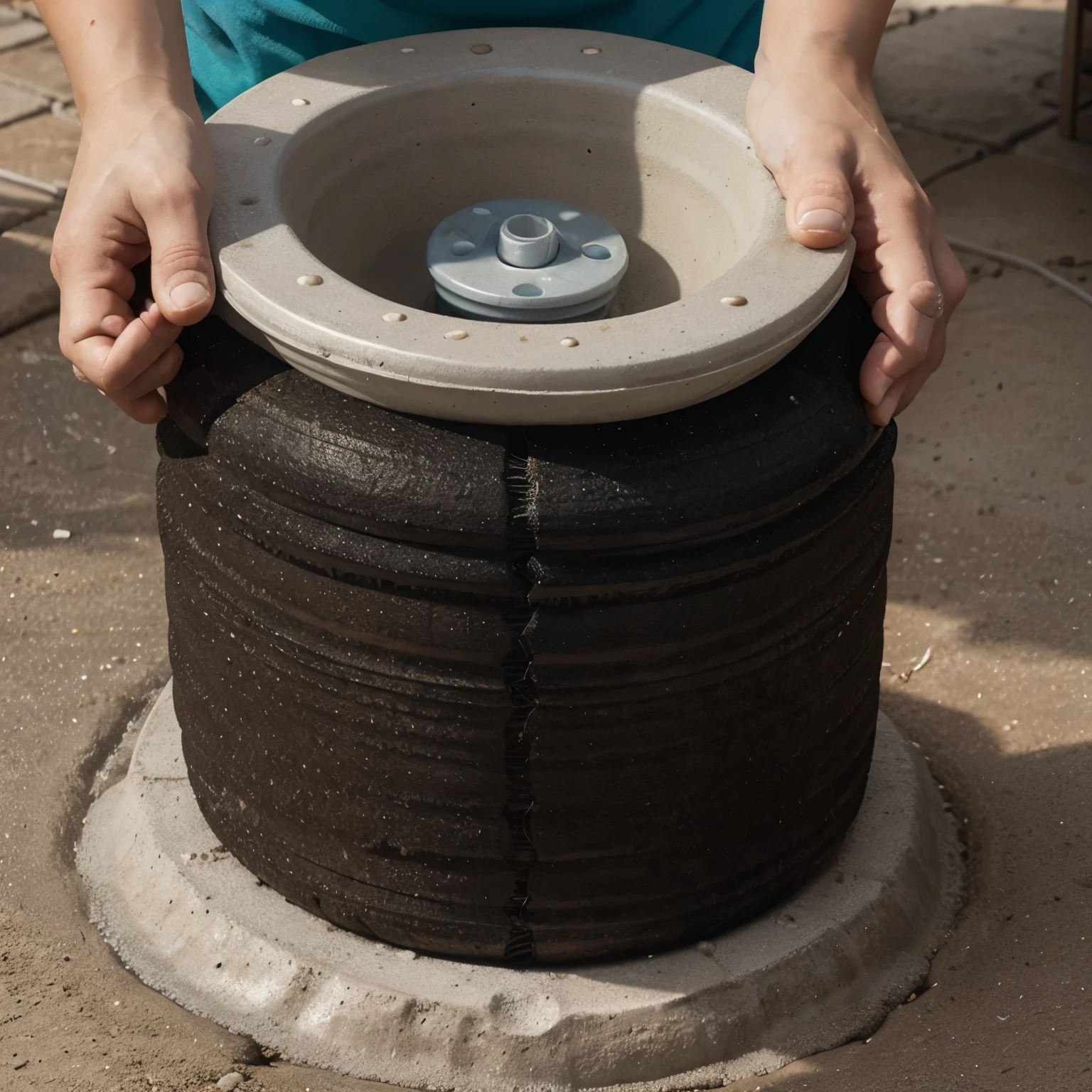 Generates a detailed image of a flat cylinder-shaped filter designed to purify river water. El filtro consta de varias capas:
Coconut fiber top layer to trap large particles and organic matter.
Layer of expanded clay or porous ceramic to allow colonization of beneficial bacteria.
Zeolite layer to adsorb heavy metals and other chemical contaminants.
Activated carbon layer to adsorb organic compounds, chemicals and other contaminants.
Filtros de malla o tela al final del cilindro para atrapar residuos finos. The cylinder is made of reinforced plastic or corrosion-resistant metal to ensure durability.