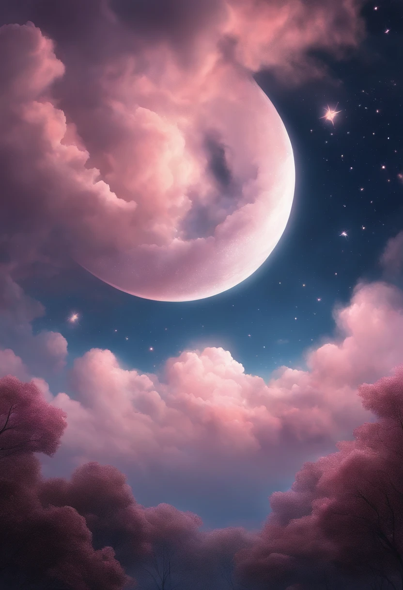 a painting of a crescent and stars in the sky, dreamy night, detailed dreamscape, fluffy pink anime clouds, space clouds, anime clouds, anime background, beautiful iphone wallpaper, dreamy clouds, background art, aesthetic clouds in the sky, fantasy puffy sky, anime background art, wallpaper aesthetic, cosmic sky, sitting on the cosmic cloudscape, cloudy night, night clouds