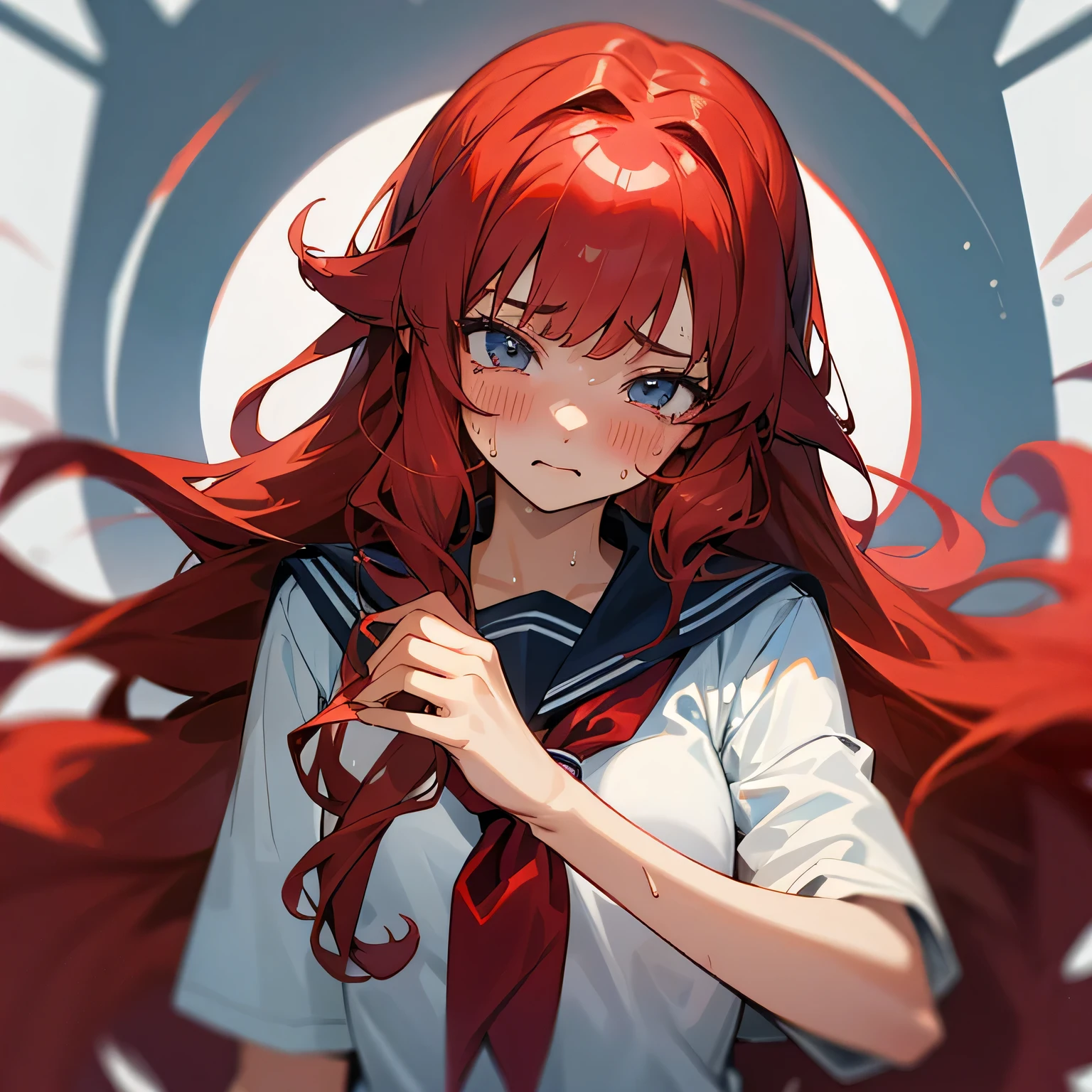A 17-year-old girl with long curly red hair is sweating and sad in sailor uniform