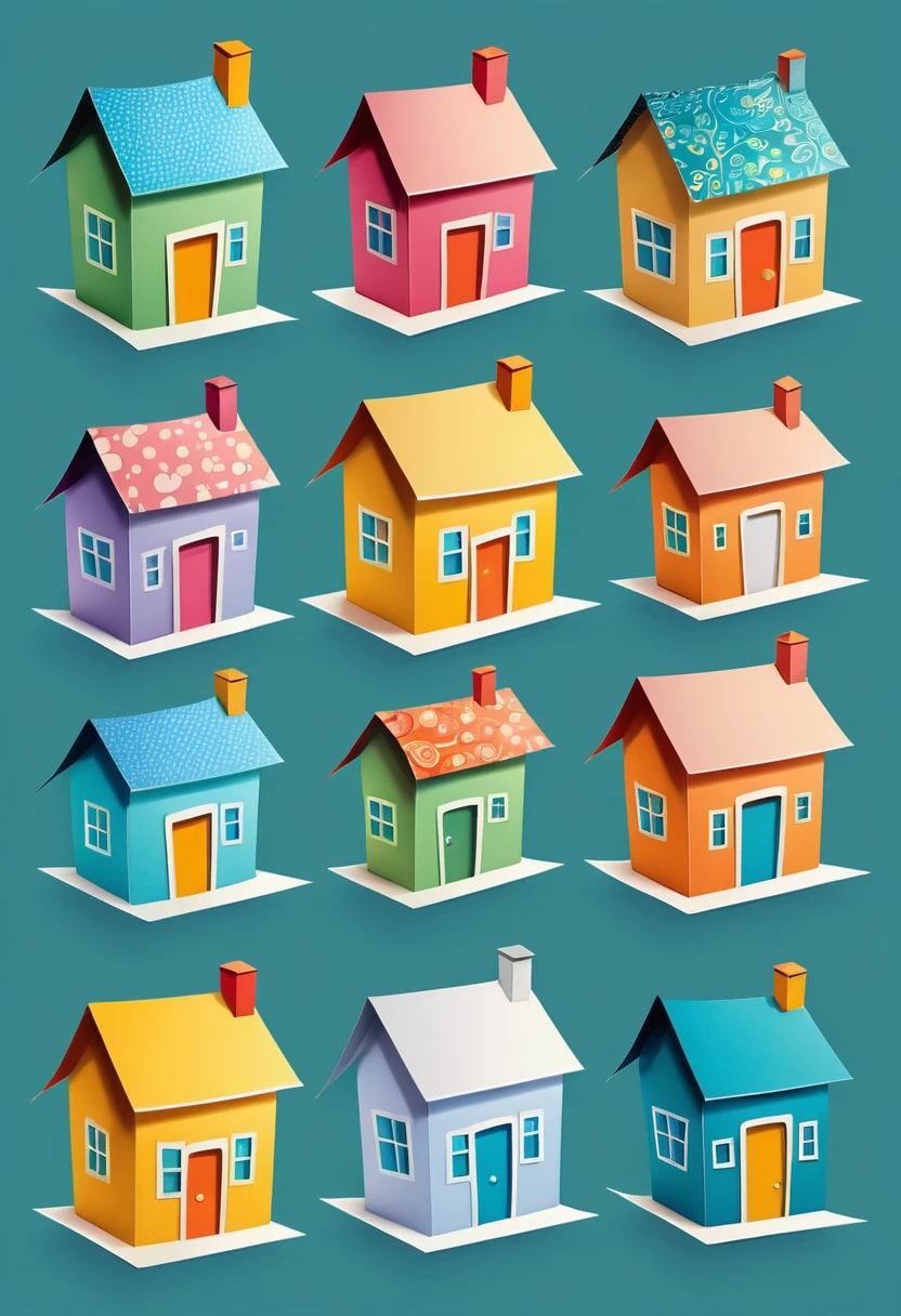 Paper houses, cartoon-style icons