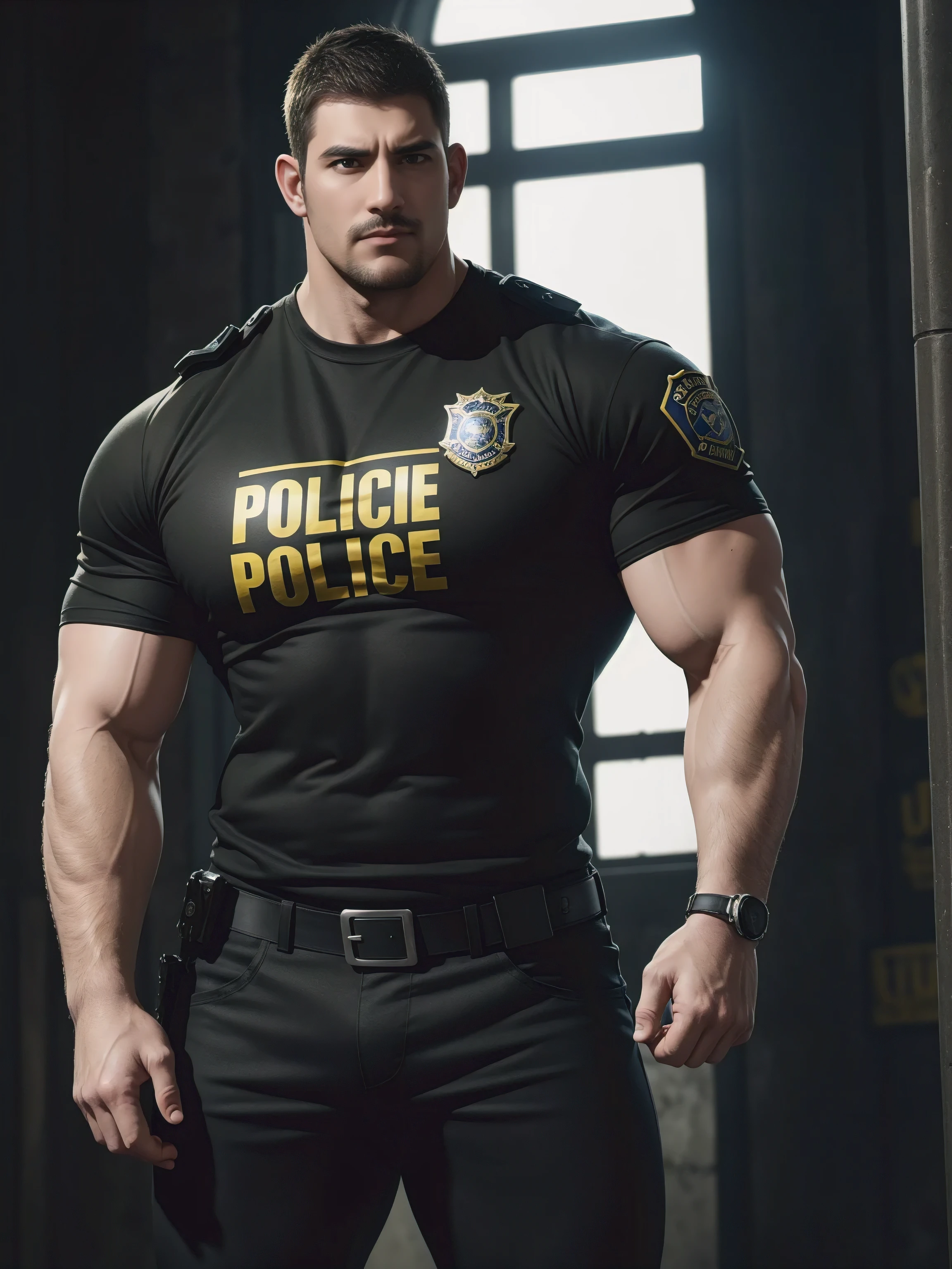 One Tall giant muscular police officer, he was angry, disheveled hair, thick thighs, Yellow and black police officer T-shirt, Very tight, Accentuate muscles, Police uniform pants, character concept（Resident Evil - chris redfield, chris redfield）proud expression, Deep and charming eyes, heroic male pose, tall burly, muscular！muscular thighs, tough guy, perfect facial features, High, burly, Heqiang, Super gain and cool, high resolution committee, Charming strong man, The bright sunshine shines on my face through the window