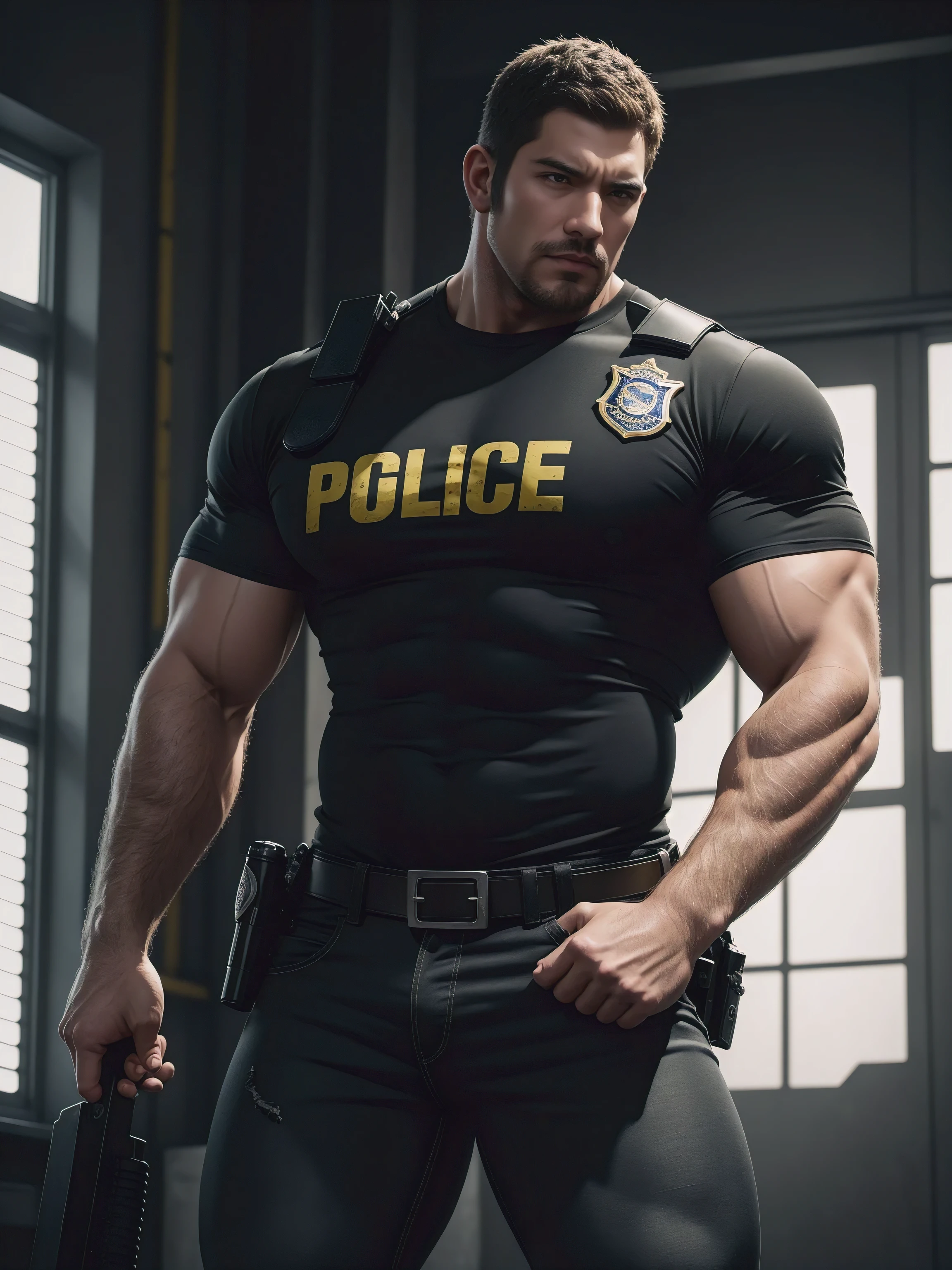 One Tall giant muscular police officer, he was angry, disheveled hair, thick thighs, Yellow and black police officer T-shirt, Very tight, Accentuate muscles, Police uniform pants, character concept(Resident Evil - chris redfield, chris redfield)proud expression, Deep and charming eyes, heroic male pose, tall burly, muscular!muscular thighs, tough guy, perfect facial features, High, burly, Heqiang, Super gain and cool, high resolution committee, Charming strong man, The bright sunshine shines on my face through the window
