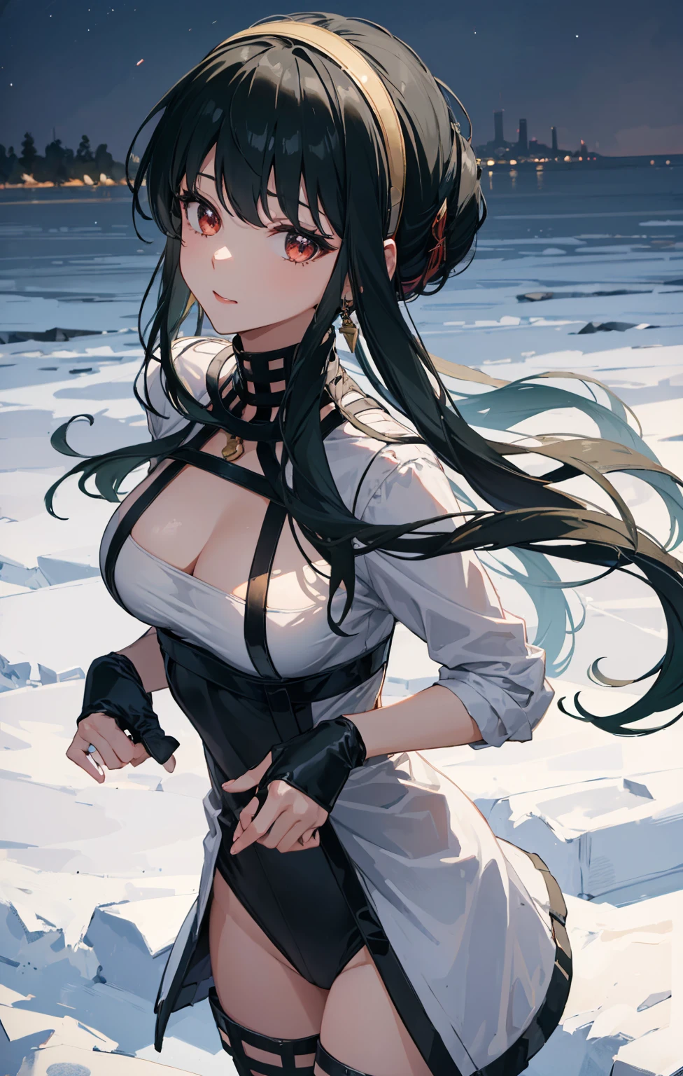 (SFW), masterpiece, best quality, highres k, professional artwork, famous artwork, clean, cinematic lighting, beautiful eyes + detail, beautiful hair + detail, black hair, (sexy young female body:1.4), ( medium breasts, lactation), happy:1.2, smile, sexy looking at the viewer, floating hair, makeup, 
outdoors, (at night), walking , on street,   (in love),  from above,  leotard, beautiful moonlight bacground, bright moon, halo moon, dark out, ring around head, cinimatic shot, movie images , date night, black thigh high socks, masuter piece, Best Quality, 超A high resolution, top-quality, Anime style, Yol･Forger, Spy Family, (1girll:1.4), Black Dress, black-green hair, Yellow headband, Hair UP, Night background
