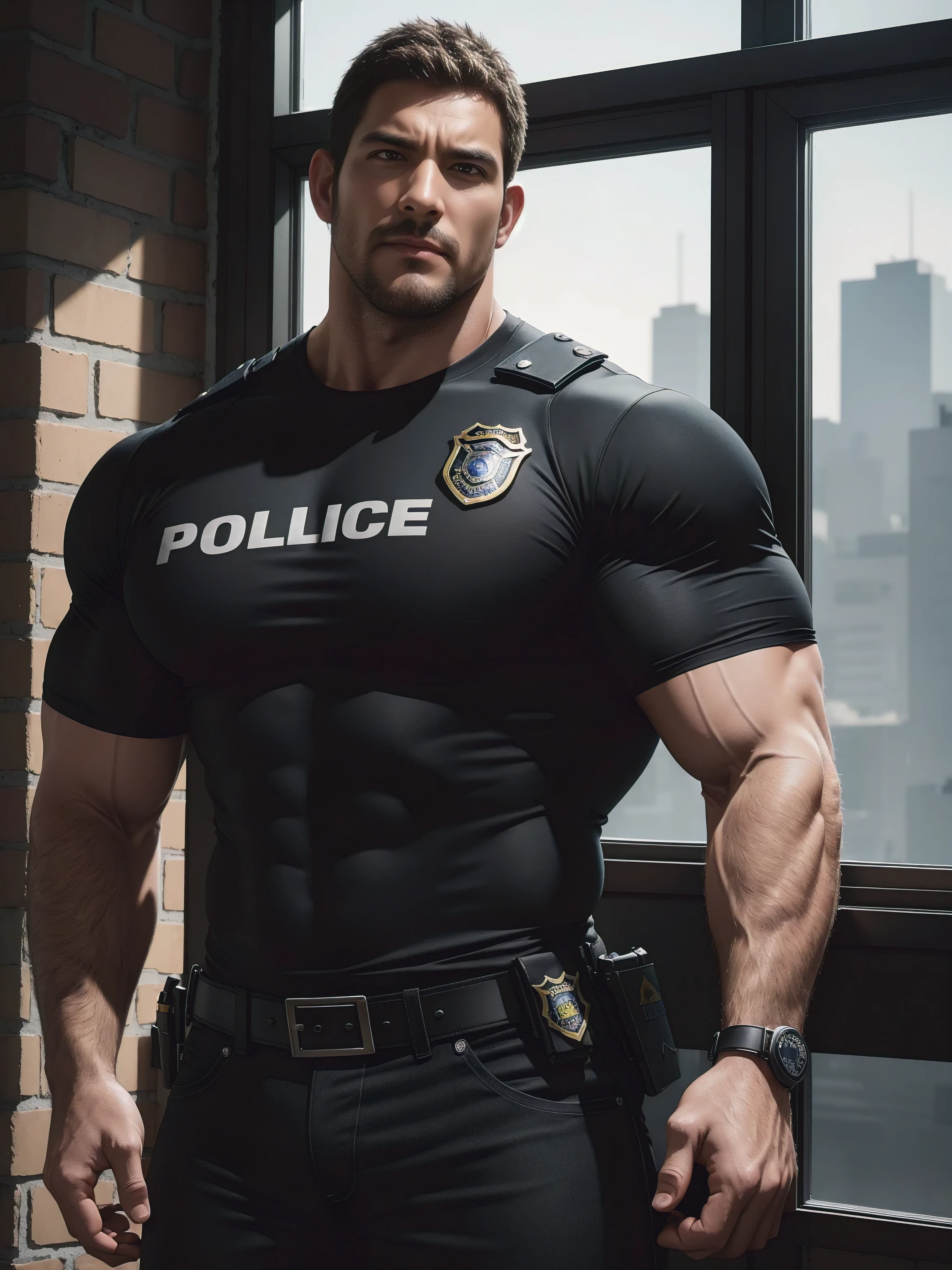 One Tall giant muscular police officer, he was angry, disheveled hair, thick thighs, Yellow and black police officer T-shirt, Very tight, Accentuate muscles, Police uniform pants, character concept（Resident Evil - chris redfield, chris redfield）proud expression, Deep and charming eyes, heroic male pose, tall burly, muscular！muscular thighs, tough guy, perfect facial features, High, burly, Heqiang, Super gain and cool, high resolution committee, Charming strong man, The bright sunshine shines on my face through the window