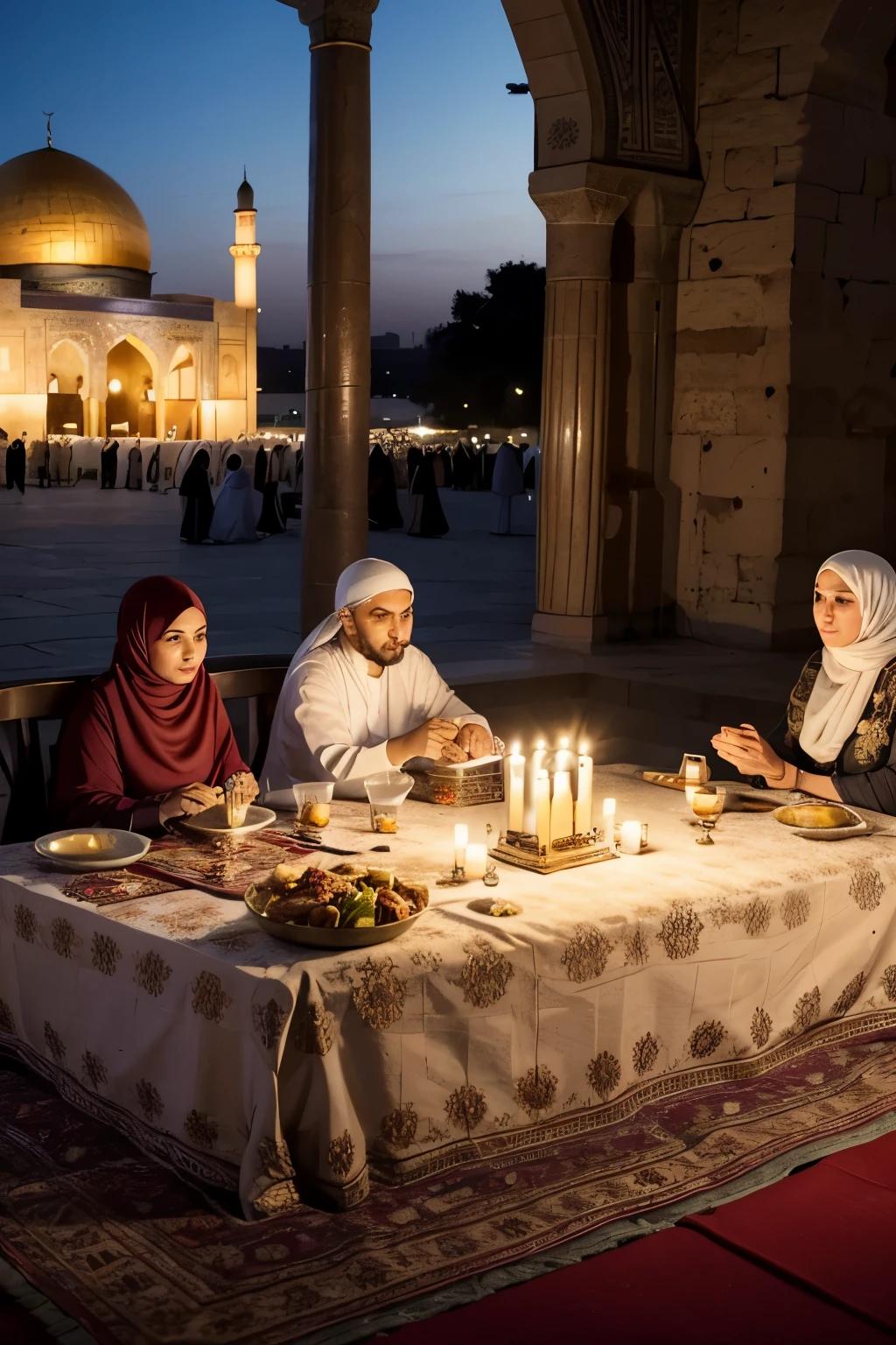 RAW UHD photograph of a breathtaking Ramadan iftar scene in the Aqsa mosque, with beautiful HDR enhancement showcasing vibrant colors and stunning details. The image captures a group of Muslims, elegantly adorned in hijab, enjoying the evening meal together. The rendering is exceptionally realistic, immersing the viewer in the ambiance of the sacred space. The composition highlights the intricate designs and patterns of their traditional attire, showcasing the diversity and beauty within the Muslim community. The image exudes a serene atmosphere, as the soft glow of candlelight illuminates their faces, capturing the essence of this deeply spiritual occasion.