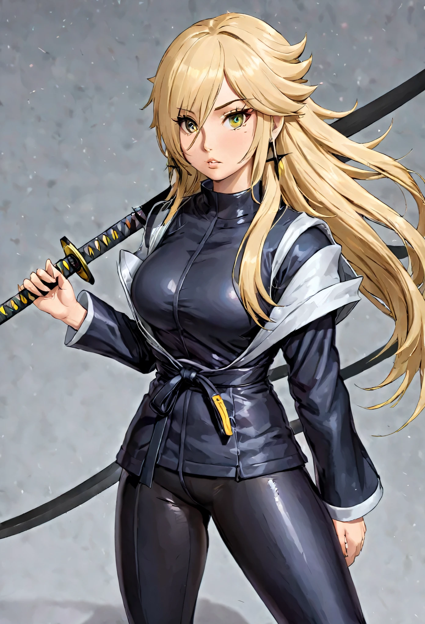 Blonde woman, holding a giant katana on her shoulder, fullbody shot, ultra detailed face, sharp eyes, kunoichi woman, standing, perfect massive katana, long hair, perfect katana, well detailed huge katana, 