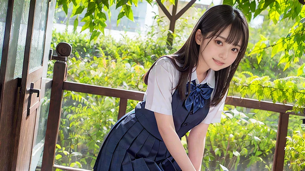 ((masterpiece)), 8K, highest quality, 1 girl, alone, beautiful face, gentle expression, genuine, cute, dark blue skirt, Dark blue ribbon, Summer Short Sleeve Uniform, (Japanese high school girl), smile, long hair, normal breasts,