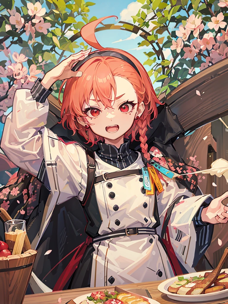 campしている女の子、two tone hairstyle、My eyes are sparkling、mole、red eyes、ear piercing、ingredients、cooking、spring、camp、Cherry Blossom、nature、camp飯、sunny、frying pan、toast、wood