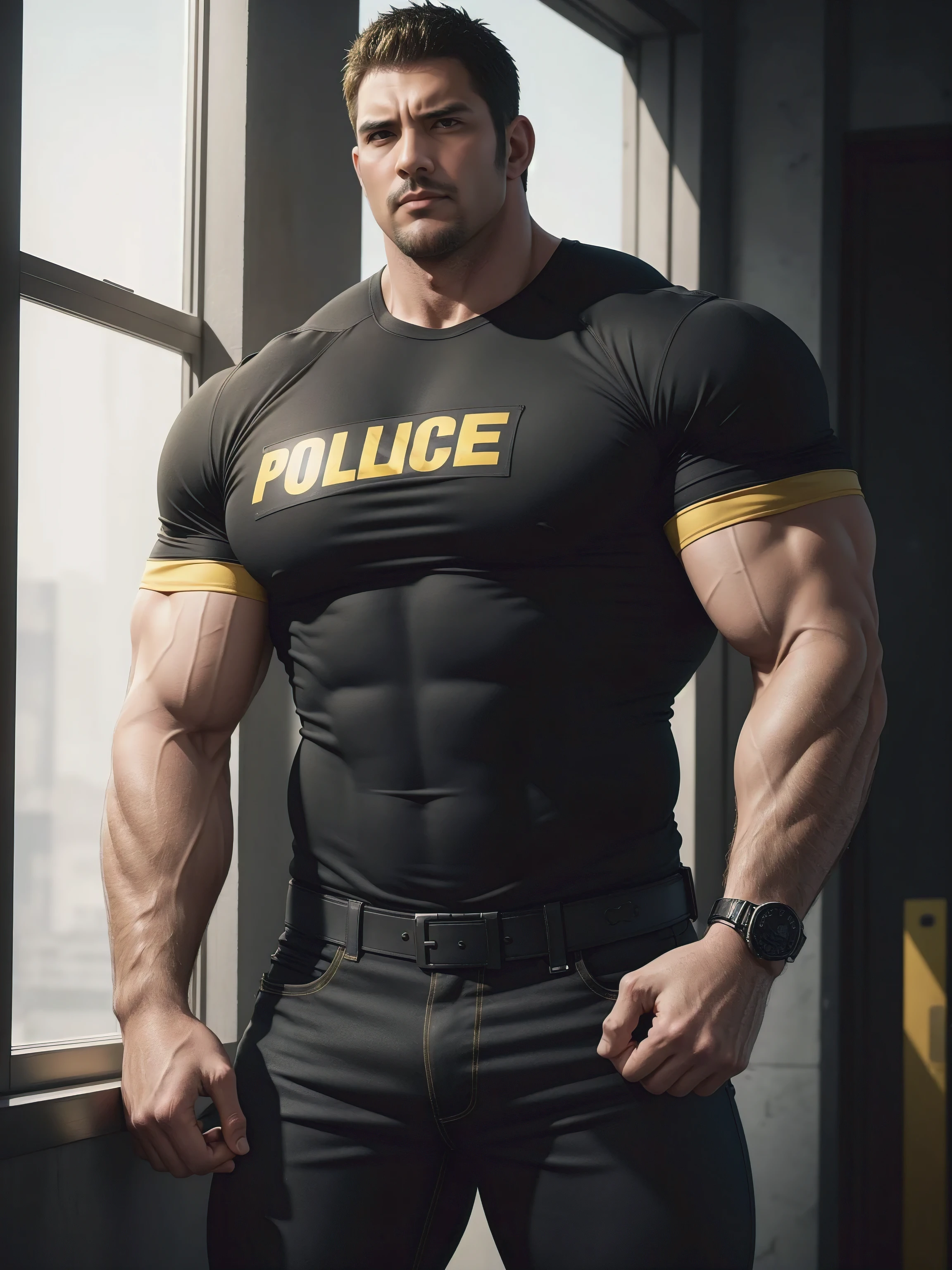 One Tall giant muscular police officer, he was angry, The expression is arrogant, Lift your chin, disheveled hair, thick thighs, Yellow and black police officer T-shirt, Very tight, Accentuate muscles, Police uniform pants, character concept（Resident Evil - chris redfield, chris redfield）proud expression, Deep and charming eyes, heroic male pose, tall burly, muscular！muscular thighs, tough guy, perfect facial features, High, burly, Heqiang, Super gain and cool, high resolution committee, Charming strong man, The bright sunshine shines on my face through the window