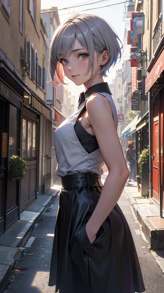 (Highly detailed CG unit 8k wallpaper, masterpiece, High resolution, highest quality, natural skin texture), Composition from head to stomach:1.5, (20 year old woman, Hands in pockets pose:1.3, smile, detailed eyes, gradient eyes), (Stalgic Fashion, detailed costume, sleeveless shirt, low rise, Asymmetrical short hair:1.2, ash gray hair), (Backstreets of Paris:1.3, Colourful flower beds along the road, cinematic lighting), high contrast, hyper realistic, digital painting, concept art,
