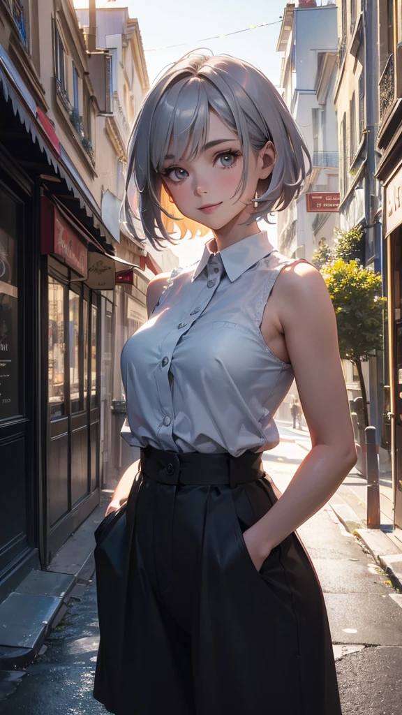 (Highly detailed CG unit 8k wallpaper, masterpiece, High resolution, highest quality, natural skin texture), Composition from head to stomach:1.5, (20 year old woman, Hands in pockets pose:1.3, smile, detailed eyes, gradient eyes), (Stalgic Fashion, detailed costume, sleeveless shirt, low rise, Asymmetrical short hair:1.2, ash gray hair), (Backstreets of Paris:1.3, Colourful flower beds along the road, cinematic lighting), high contrast, hyper realistic, digital painting, concept art,