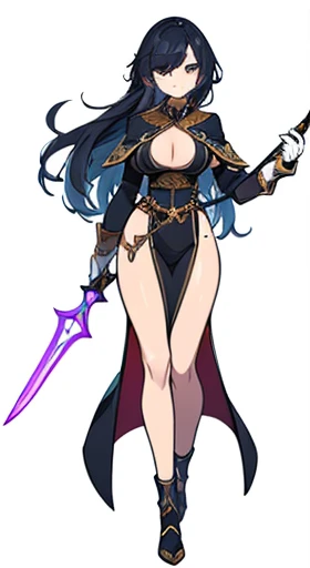 masterpiece, best quality, solo, milf, high fantasy outfits, ((white background)), full body, multiple views, thong, cleavage, holding blade, bikini armor,
