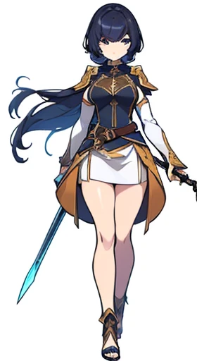 (((Best Quality))) , ((full body)), female, reference sheet, solo, (((white background))), holding staff or sword, high fantasy clothes,