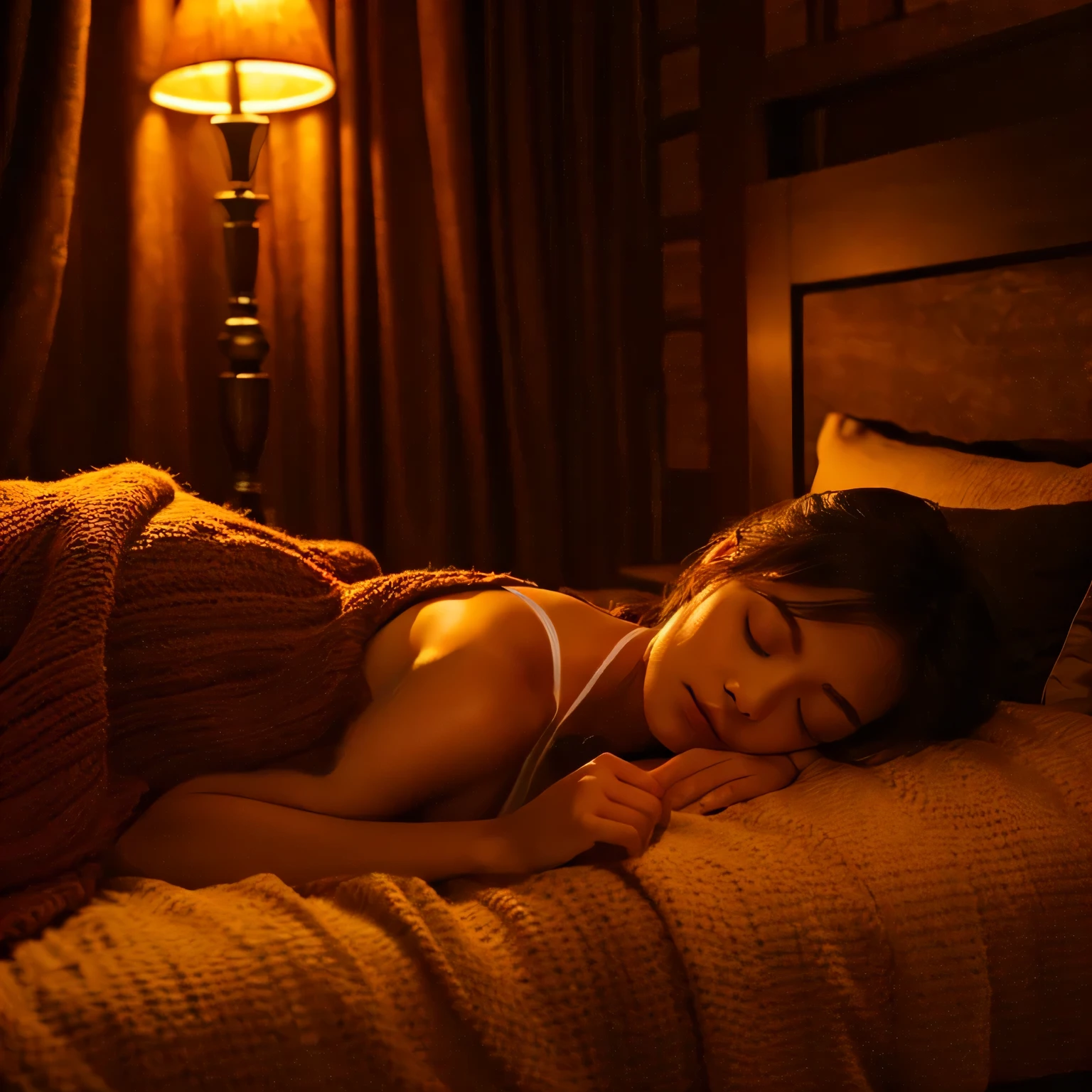 4K, 8K, masterpiece, best quality, Upper body,indoors, dim, The age of the actress is 23 years old, Sleep at night,warm atmosphere